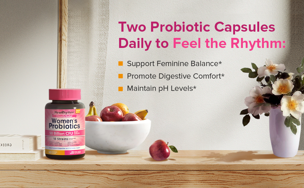 NewRhythm Women’s Daily Probiotic supports feminine balance and digestive comfort.*