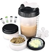 Hydro2Go 16oz Protein Shaker Bottle with Shaker Ball and 2 Storage Jars | BPA-Free Plastic Cup wi...