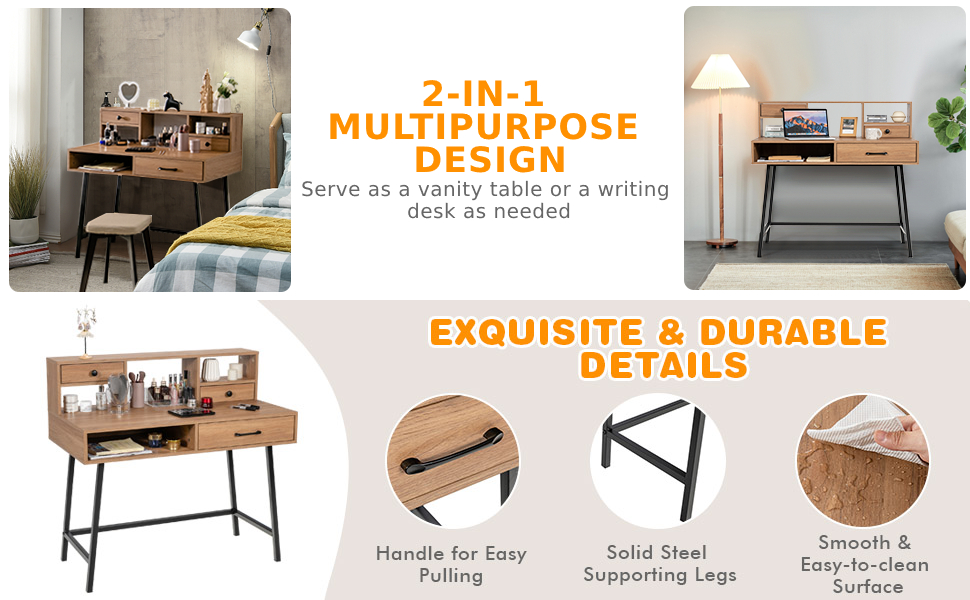 COSTWAY Multifunctional Dressing Table, Vanity Makeup Desk With 3 Drawers And Open Shelves, Home Office Bedroom Computer Desk Writing Study Table 12 2