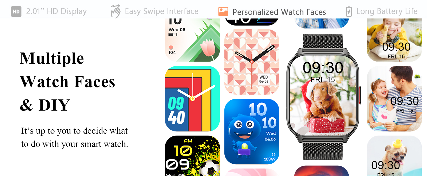 Smartwatch display showcasing multiple colorful watch faces, including digital and analog designs with various complications and customization options.