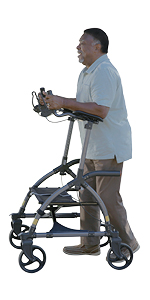 Mobility device that provides upright walking with stability, safety, and improved posture.