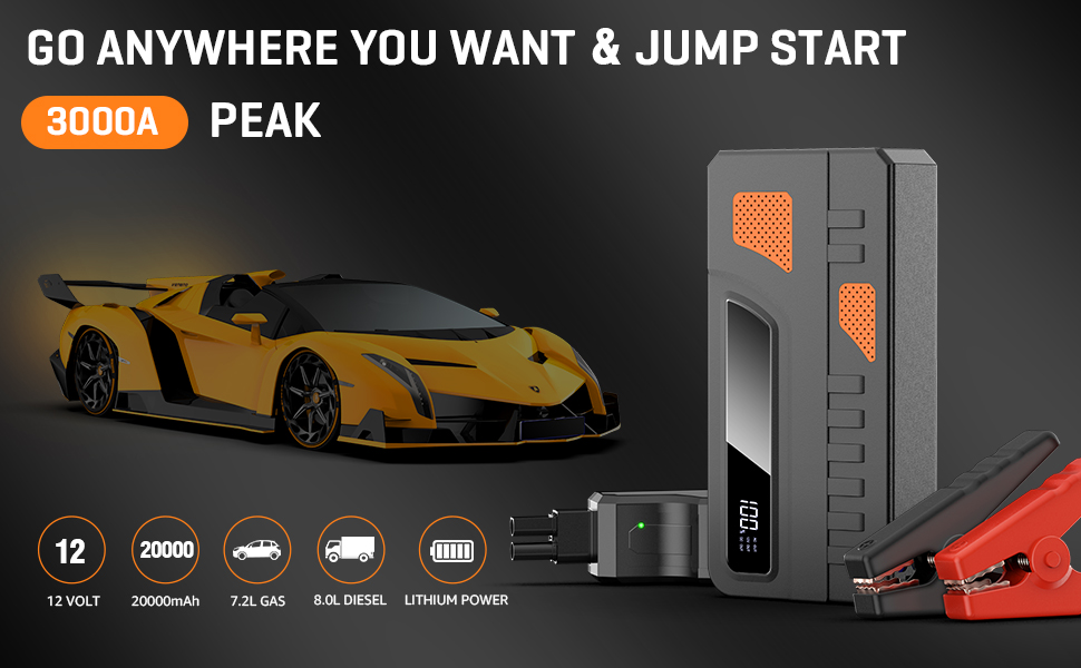 3000A Portable Car Jump Starter Pack Booster Charger