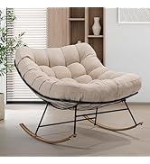 Bme Patio Rocking Chair Outdoor & Indoor, Beige Cushion - Wood Texture Rocker, Metal Patio Lounge...