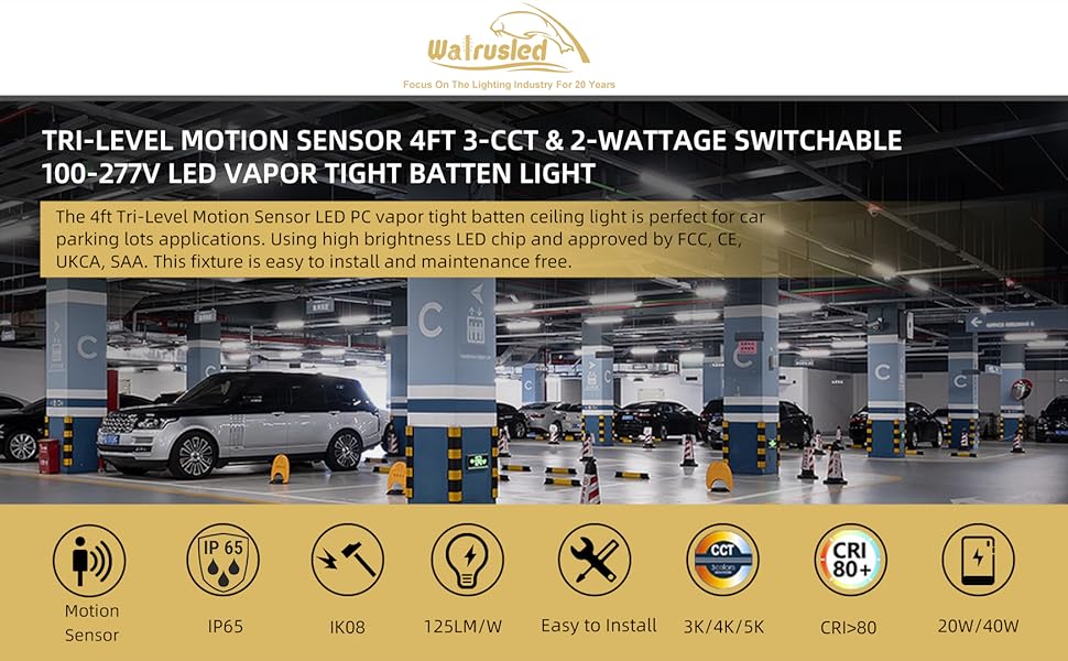 Walrusled 4FT LED Wraparound Vapor Tight Batten Light with Tri-Level Motion Sensor
