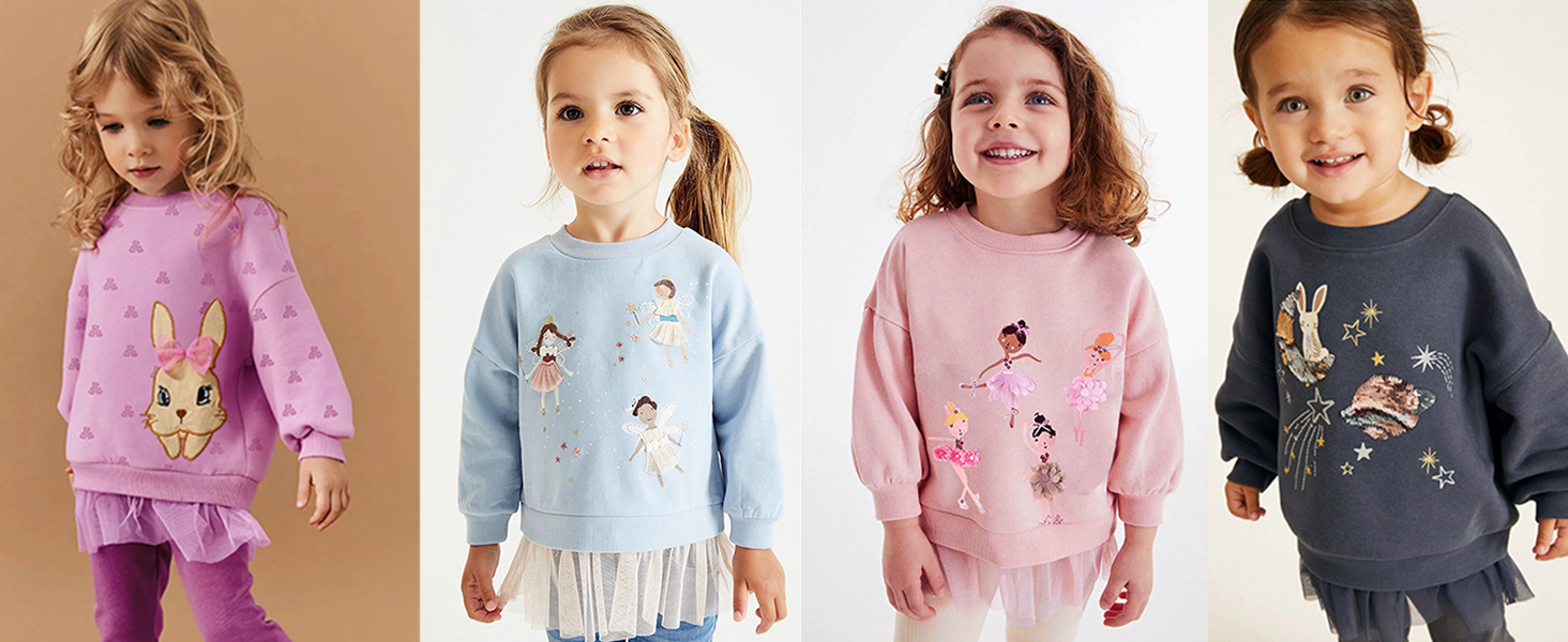 Kollektion von Kinder-Sweatshirts in den Farben Lila, Blau, Rosa und Marineblau mit gestickten oder bedruckten Tiermotiven