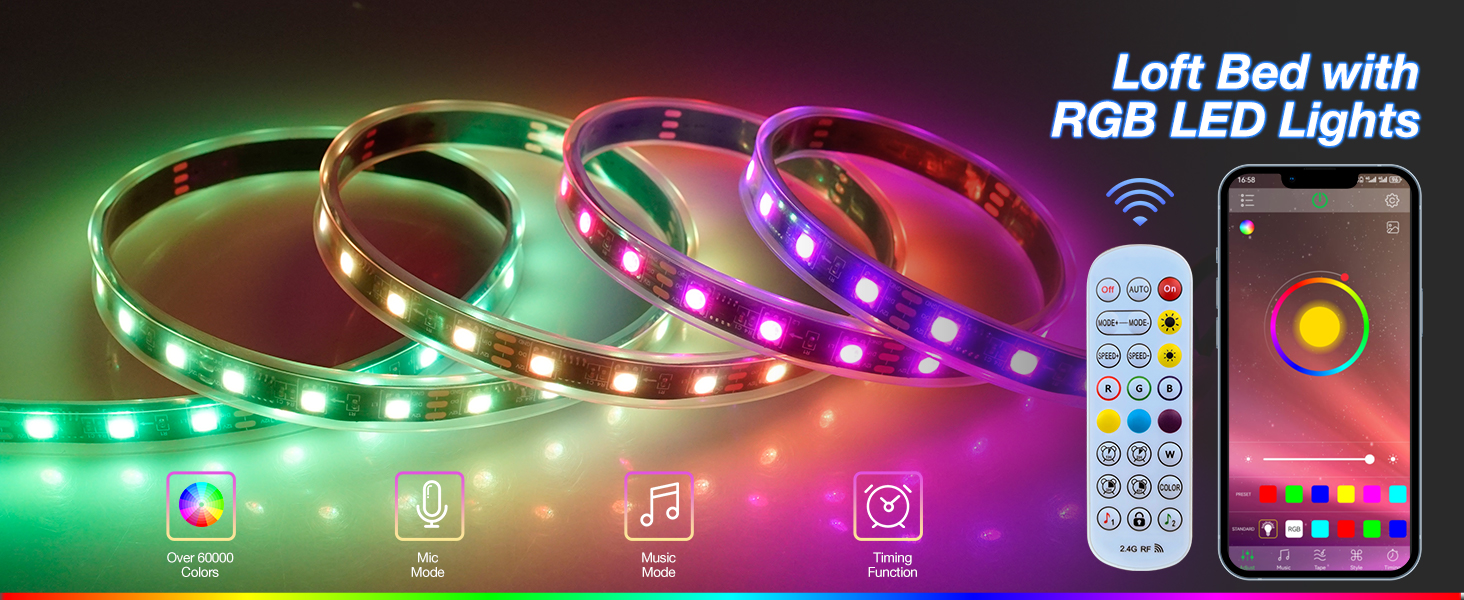 AOVSA Twin Loft Bed with Desk, LED Lights, Charging Station