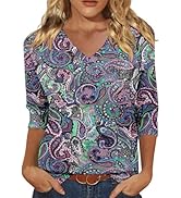 KISSMODA 3/4 Length Sleeve Shirts for Women Floral Business Shirts Tops Blouses Tops Loose Fit T-...