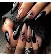 SINHOT Coffin Press on Nails - Long Fake Nails, Glossy Finish, Goth Black Rose & Gothic Style, DI...