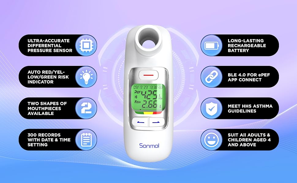 Spirometer Testing Device with Risk Indicator, Portable Peak Flow Meter Test PEF