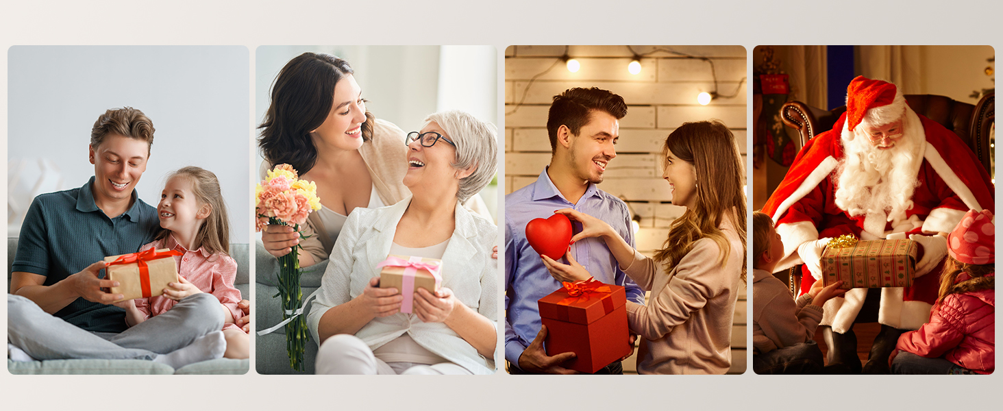 a woman and a young woman smiling and giving a gift to a woman.