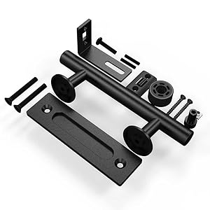 Disassembled black metal door hardware set including handles, plates, screws, and other components for installation.