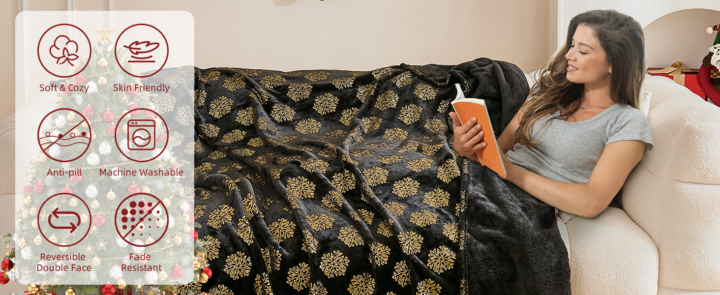 Circular icons showing product features, alongside image of person relaxing on patterned blanket or throw while holding beverage.