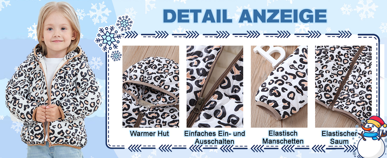 Detailansicht einer Kinderjacke mit Leopardenmuster. Nahaufnahmen zeigen das warme Futter, den bequemen Reißverschluss, die elastischen Bündchen und die elastischen Saummerkmale des