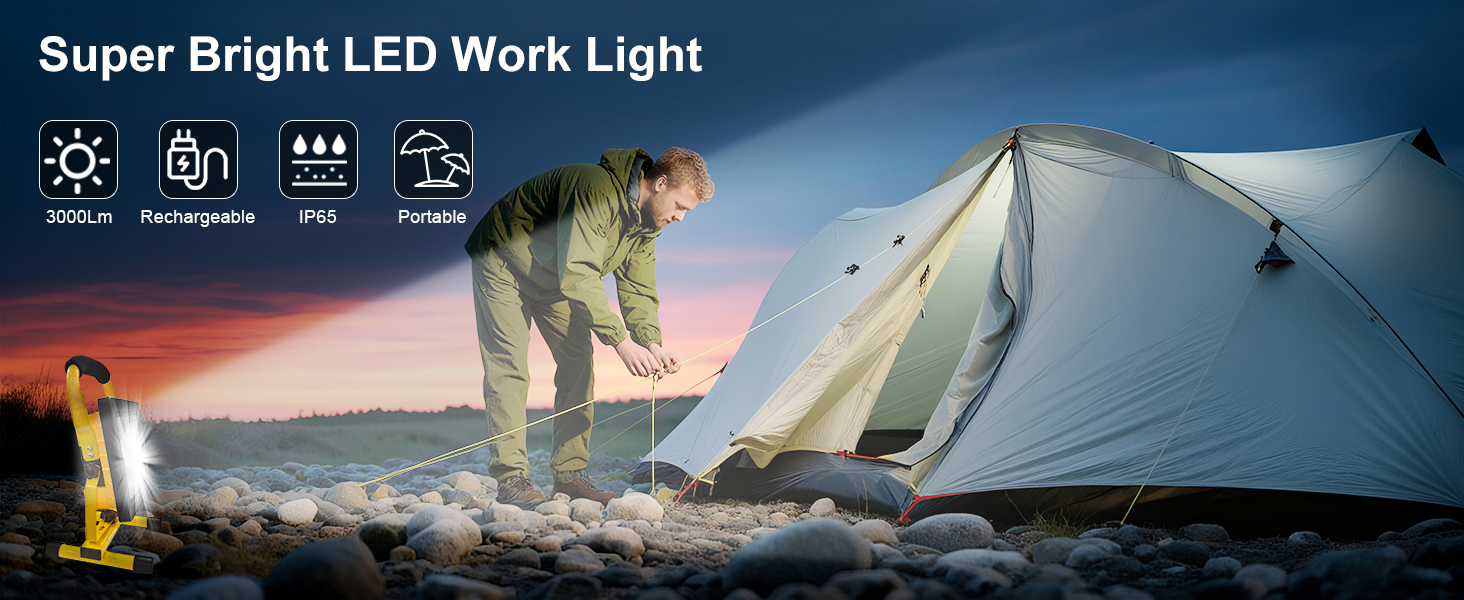 Text reads 'Super Bright LED Work Light'. Panoramic banner showing outdoor scenes with lighting equipment, featuring sunset and sailing imagery.
