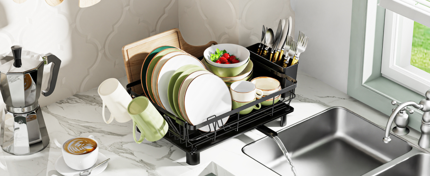 iSPECLE Dish Drying Rack Dish Drainer with Draining Board, Swivel Drain Spout, RustResistant