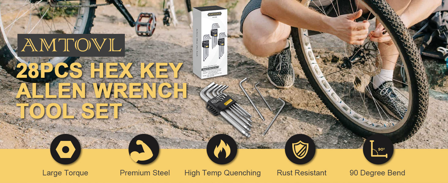 AMTOVL 28-piece hex key allen wrench tool set. Image shows person using tool on bicycle wheel. Features include large torque, premium steel, and rust resistance.