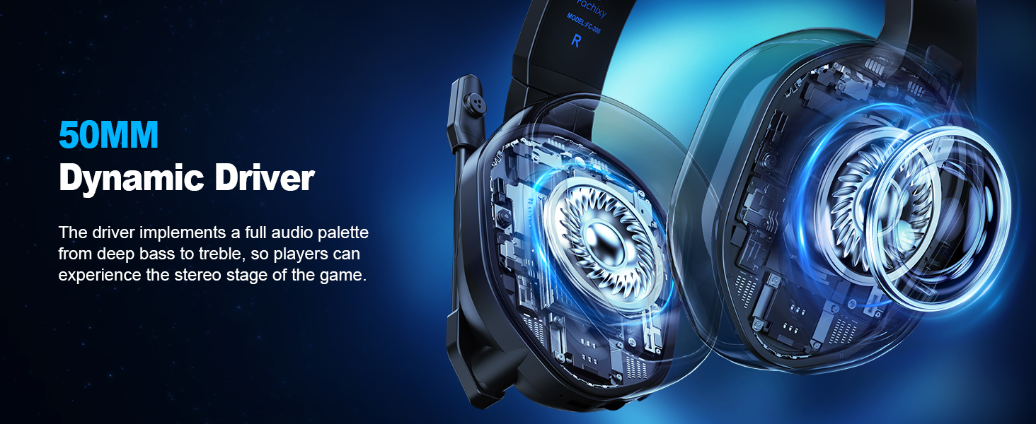 Text reads '50MM' and 'Dynamic Driver'. Blue-tinted marketing imagery showing technical illustrations of audio driver components with glowing effects.