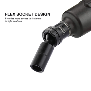 Flex socket design, provides more access to fasteners in tight confines