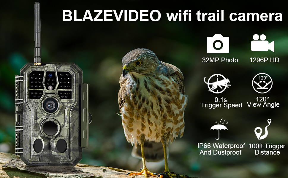BLAZEVIDEO Wildlife Camera, 32MP 1296P WiFi Trail Camera with Night
