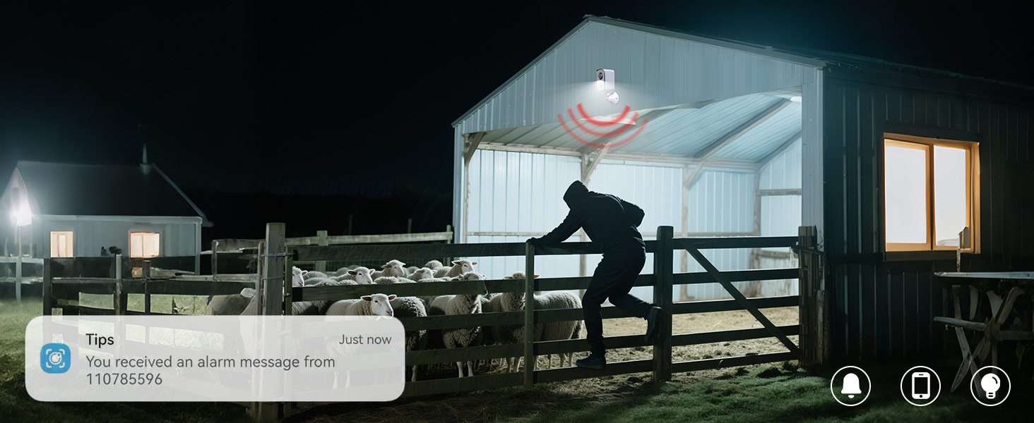 Nighttime scene of a person on a fence near a lit barn. Sheep visible in foreground. Smartphone interface overlay in bottom left corner.