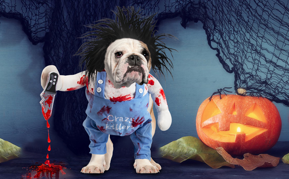 Dog Halloween Costume Pet Deadly Dog Costume, Funny Doll Wig Adjustable