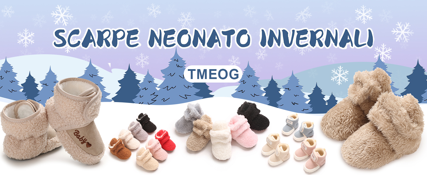 Der Text lautet „SCARPE NEONATO INVERNALI“. Produktbilder zeigen beigefarbene Winter-Babyschuhe oder Stiefeletten vor einem blauen Hintergrund mit Wintermotiven.