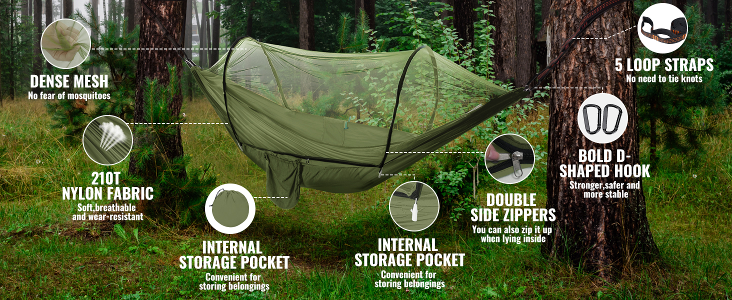 con zanzariera, caratterizzata da rete fitta, tessuto in nylon, tasche portaoggetti interne e cinghie ad anello per una facile installazione in