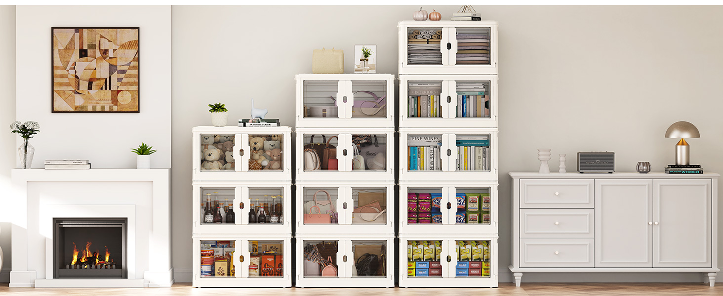 White Collapsible Folding Storage Bins Were Stacked as Storage Cabinets in Living Room V7