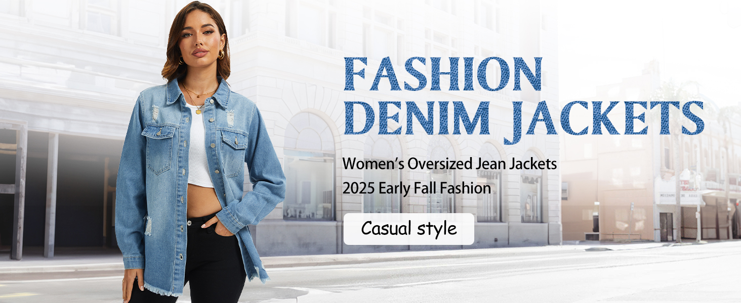 Women's Oversized Jean Jacket Casual Button-Up Long Sleeve Denim Shirts