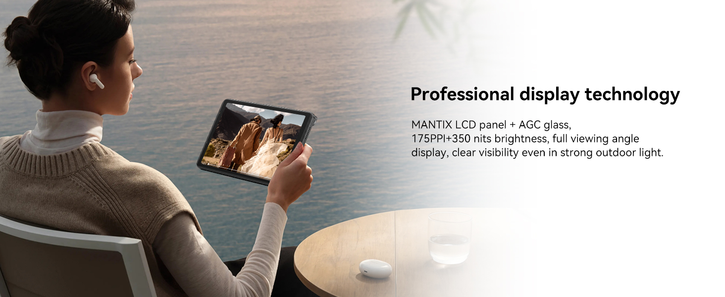 Text reads 'Professional display technology'. Shows tablet device being held horizontally, demonstrating screen display capabilities.