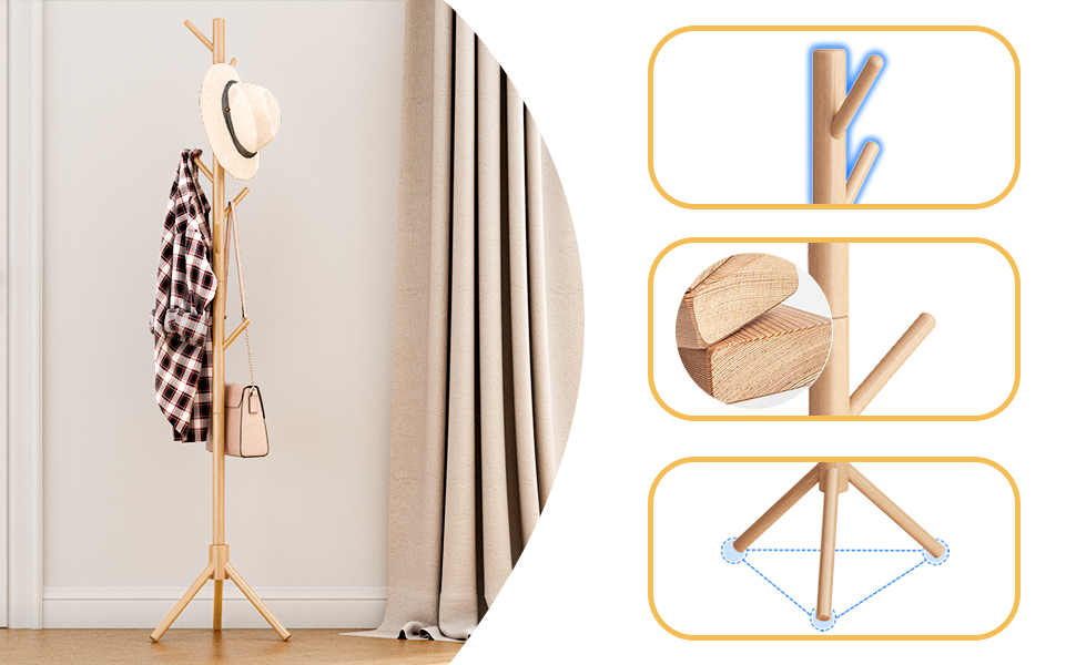 JOISCOPE Wooden Coat Rack Freestanding, Sturdy Coat Tree with 3 Adjustable Sizes, 8