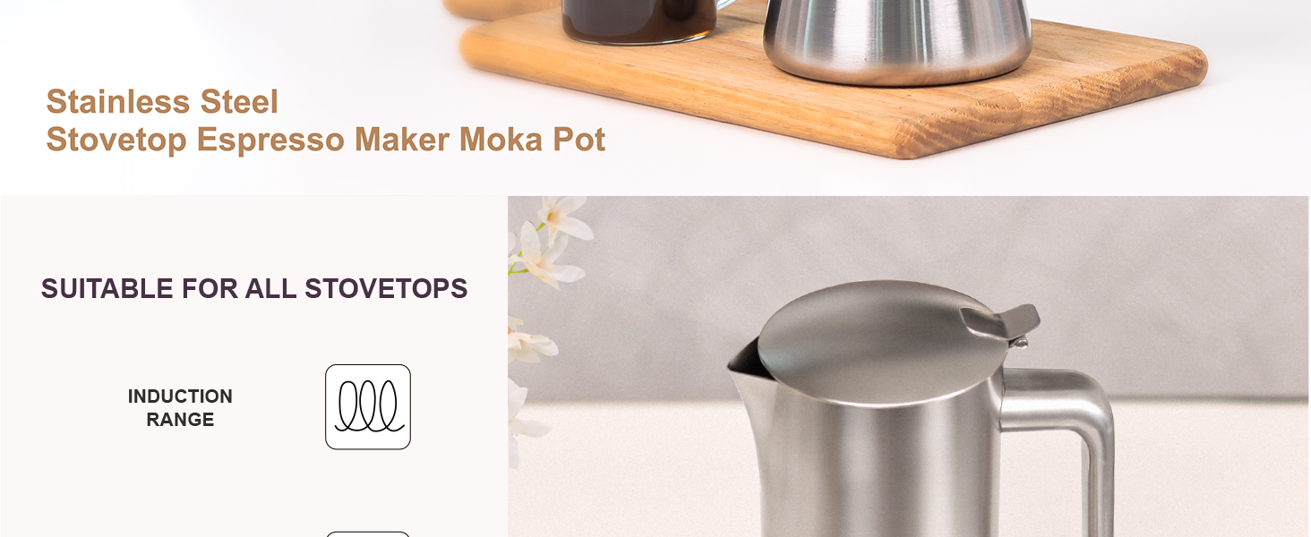 wedrink 100% Stainless Steel Moka Pot for Induction | 4 Cups Dishwasher Safe Coffee Maker | Sliver Espresso maker (4 cupx50ml) 10 espresso maker