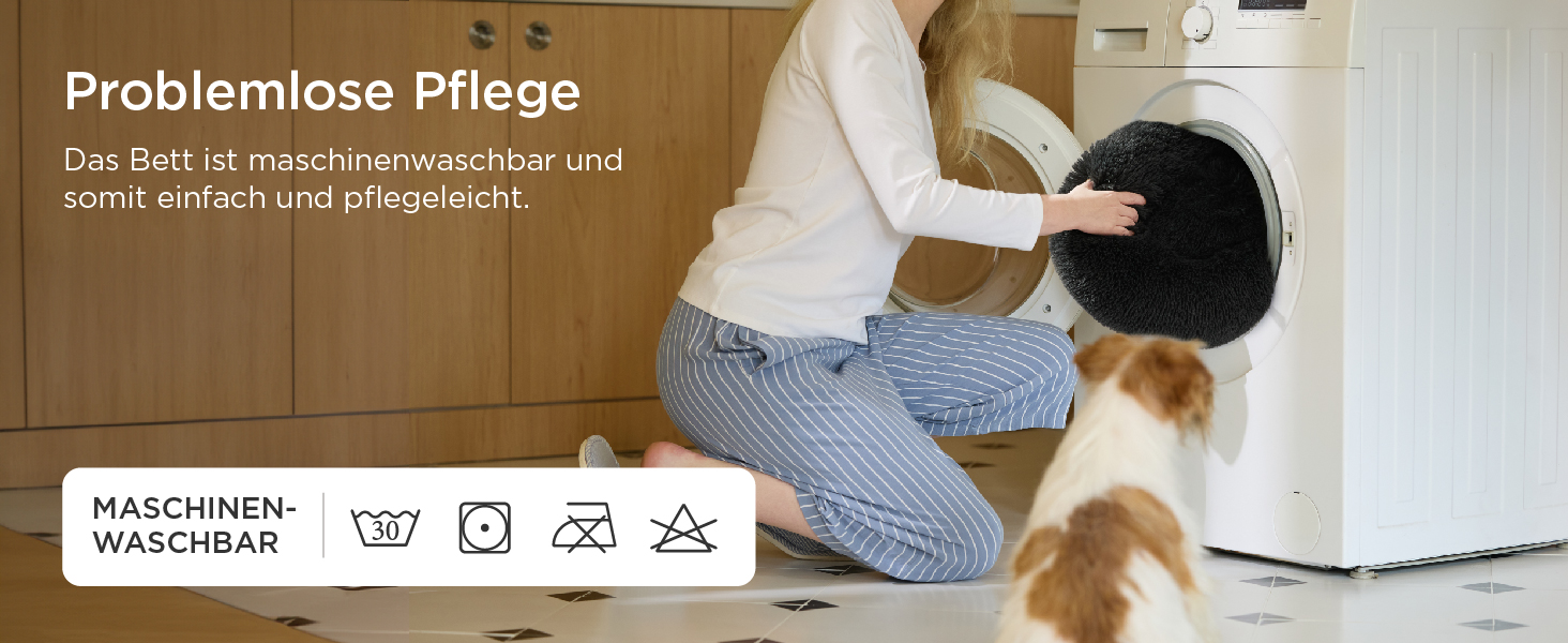 Der Text lautet „Problemlose Pflege“. Bilderserie, die eine Demonstration der Pflege und Reinigung von Möbeln mit Stoffmaterial zeigt.