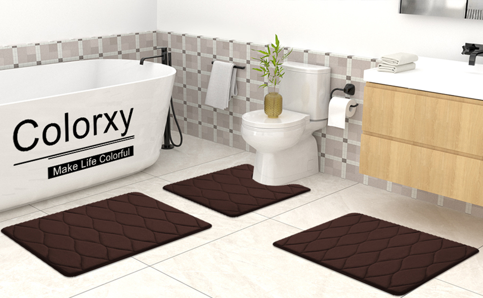 Colorxy Memory Foam Bath Mat Set, Non Slip Super Water Absorption Soft Bathroom Rugs