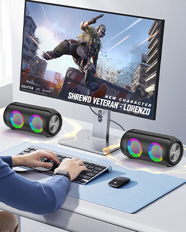Vistas múltiples de un dispositivo de juego con iluminación RGB que se utiliza con una configuración de ordenador. Muestra el dispositivo en uso mientras se juega con efectos de iluminación dinámicos.