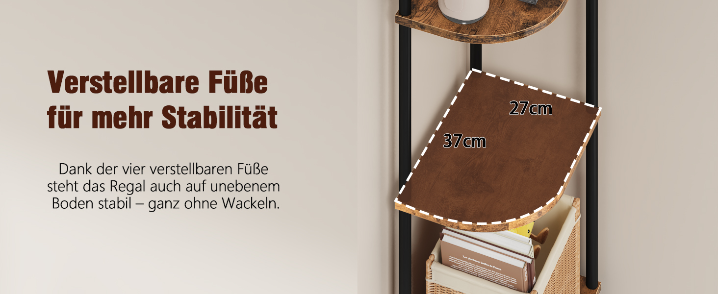 Der Text lautet „Verstellbare Füße für mehr Stabilität“. Nahaufnahme von verstellbaren Möbelfüßen mit sichtbaren gepunkteten Messlinien.