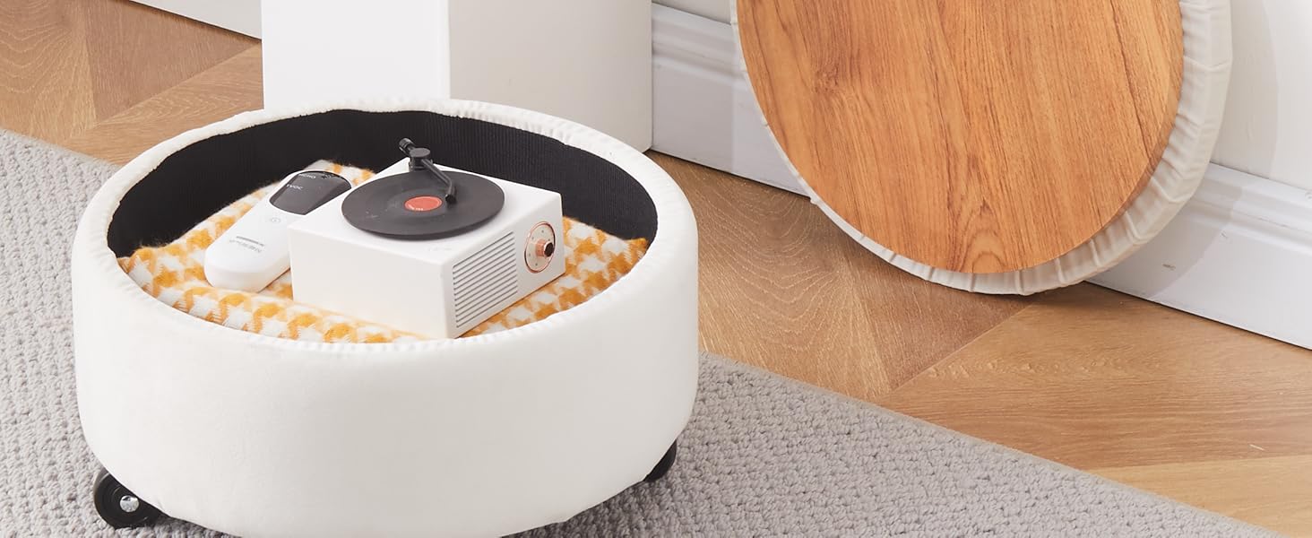 Mxfurhawa Velvet Storage Ottoman Round Wheel Stool Rolling