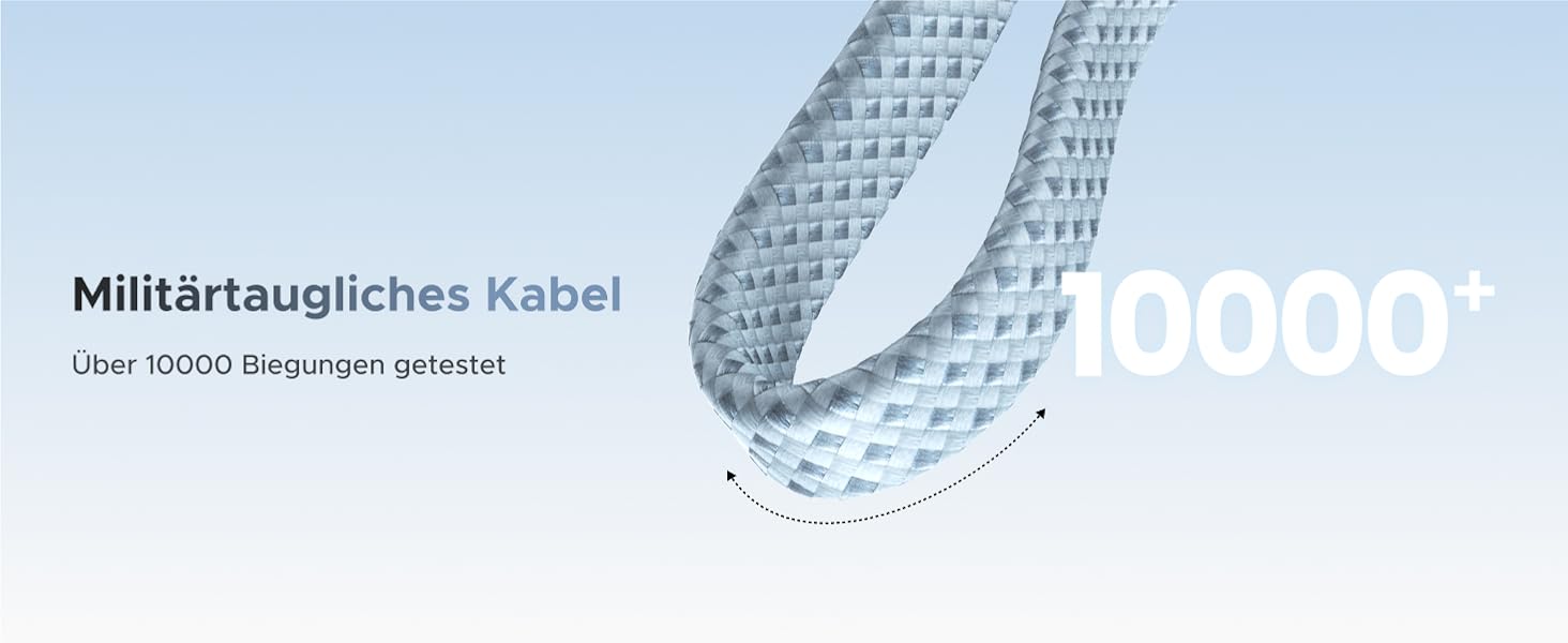 Der Text lautet „Militärtaugliches Kabel“ und „10000“. Produktaufnahme eines schwarzen, strukturierten Kabels oder Kabels vor hellem Hintergrund in Nahaufnahme.