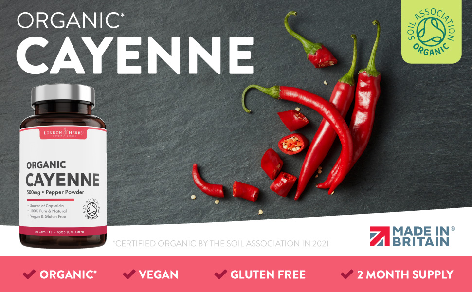 Organic Cayenne Pepper Capsules 500mg Capsicum Supplement with Capsaicin Zero Fillers