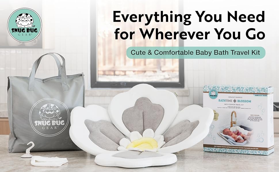 Baby flower bath cushion wash cloth tote bag suction hook wet storage bag on marble surface