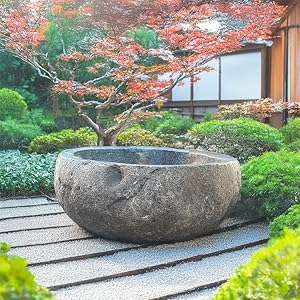自然石八重花柄模様水鉢・向鉢・蹲 Amazon.co.jp: つくばい 蹲 手水鉢 石 鉢 水鉢 睡蓮鉢 スイレン