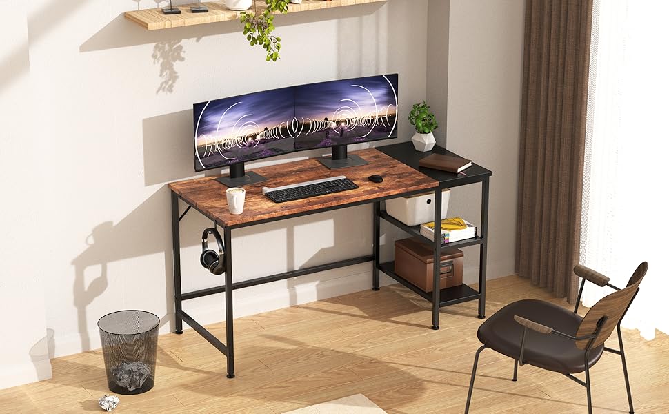 HOMIDEC Office Desk, Computer Desk With Bookshelf, 140 x 60 x 75 cm PC
