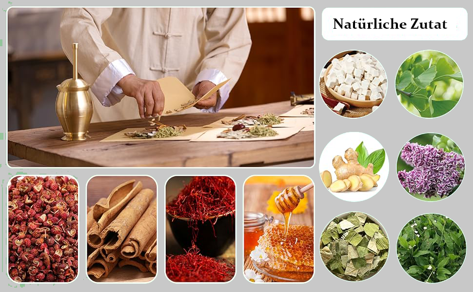 Culinary image split: Left shows hands chopping herbs; right displays circular grid of fresh ingredients including vegetables and spices.