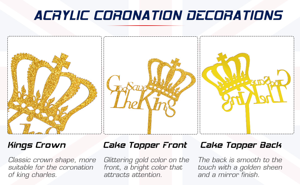 Runmeihe King Charles Coronation Cake Topper, Acrylic Crown Glitter