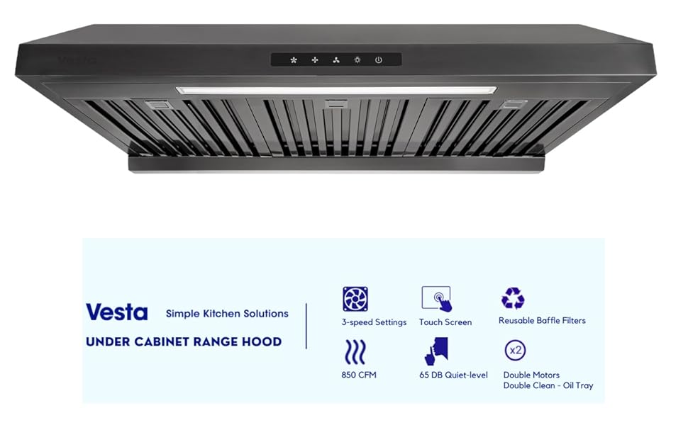 Vesta Arlington 850cfm Powerful 30'' Under Range Hood With Black Stainless Steel, Twin