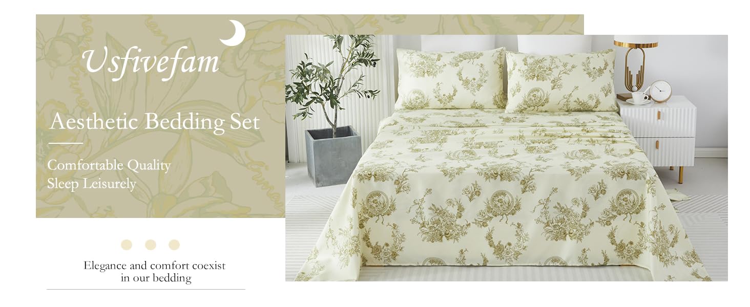 Usfivefam Floral Sheets Set King, Botanical Printed Cream