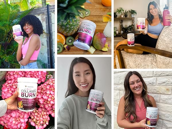Collage of female customers featuring bottles of Multi Collagen Burn Powder