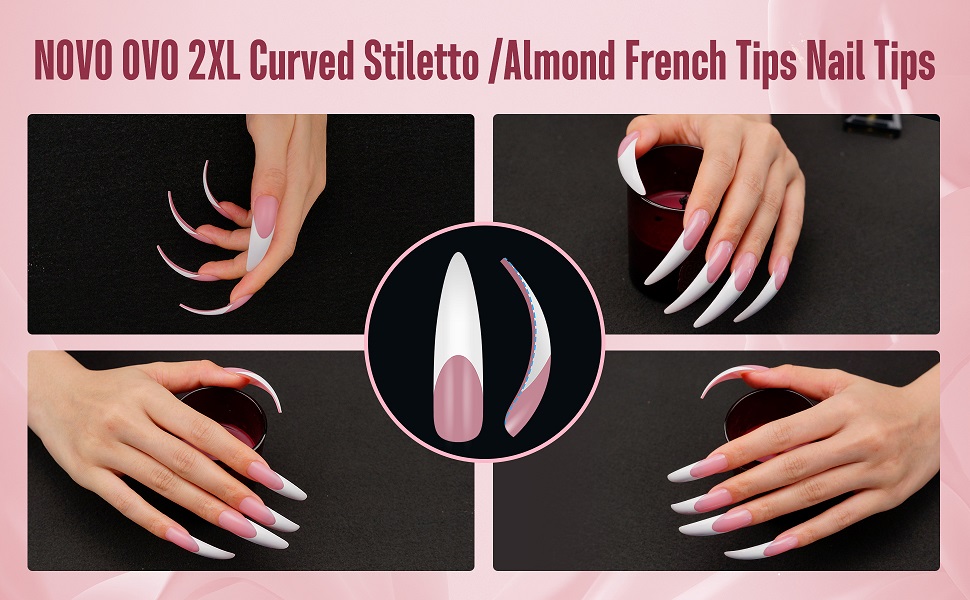 2XL Curved Stiletto /Almond French Tips Nail Tips