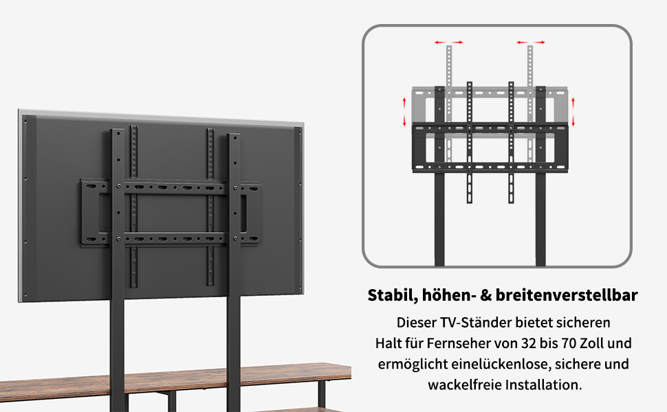 Text reads 'Stabil, höhen- & breitenverstellbar'. Product diagrams and installation views of TV wall mount bracket showing various mounting positions and hardware components.