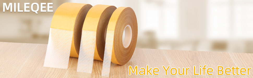 3 double sided tapes on desk,brand name MILEQEE on top left,make your life better at botton right